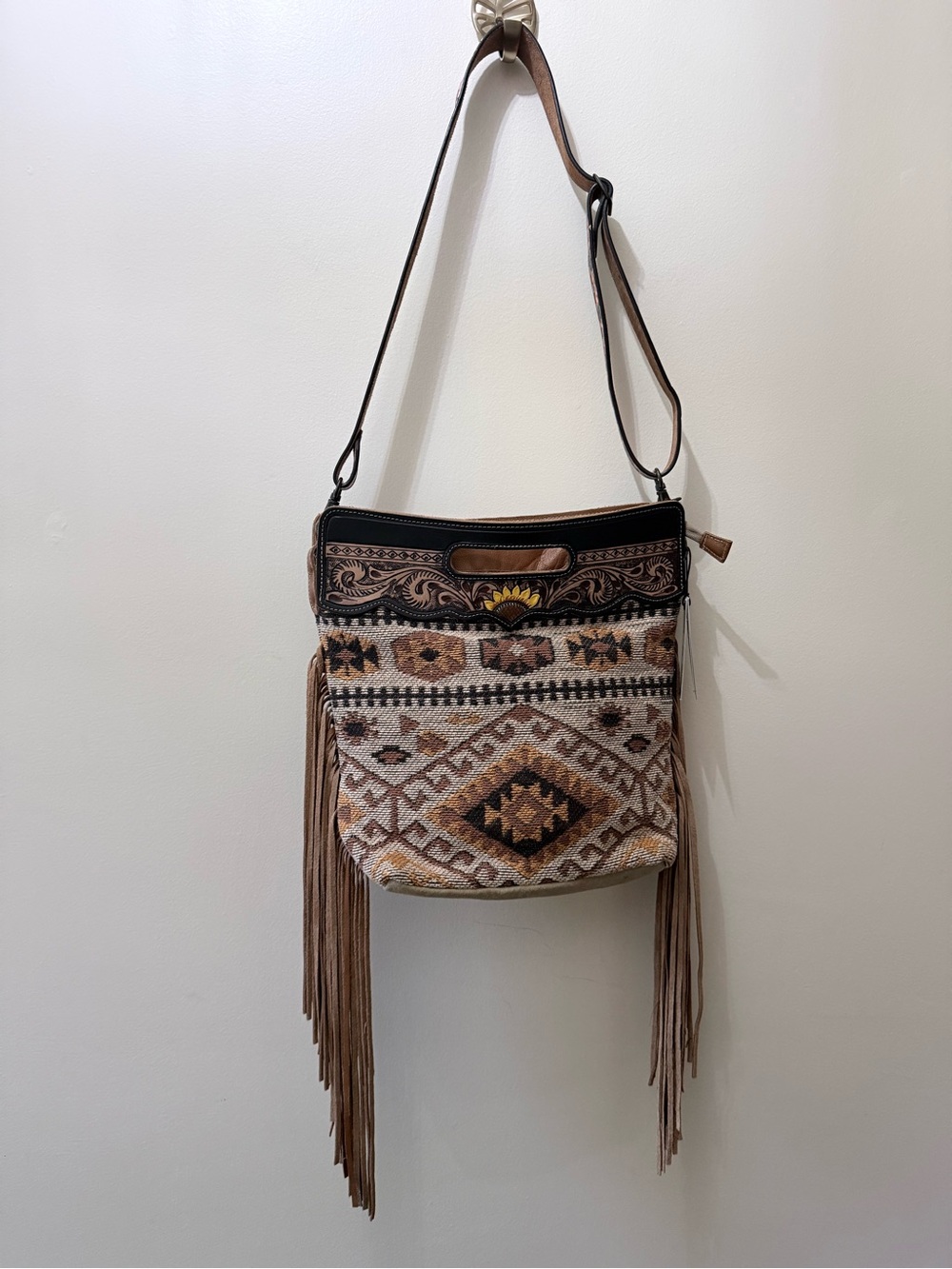 Myra Helios Hand Tooled Cross Body Boho Bag Purse Leather Sunflower Fringe Aztec